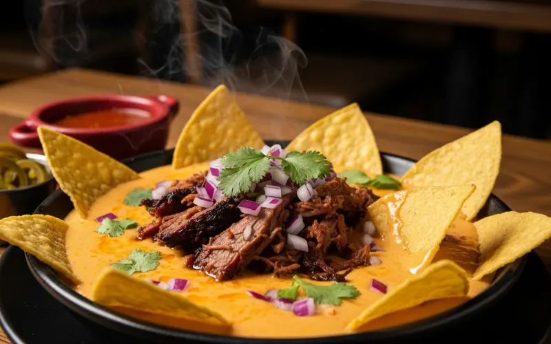 “Brisket queso dip, tortillas, modern Mexican food, dark restaurant lighting”