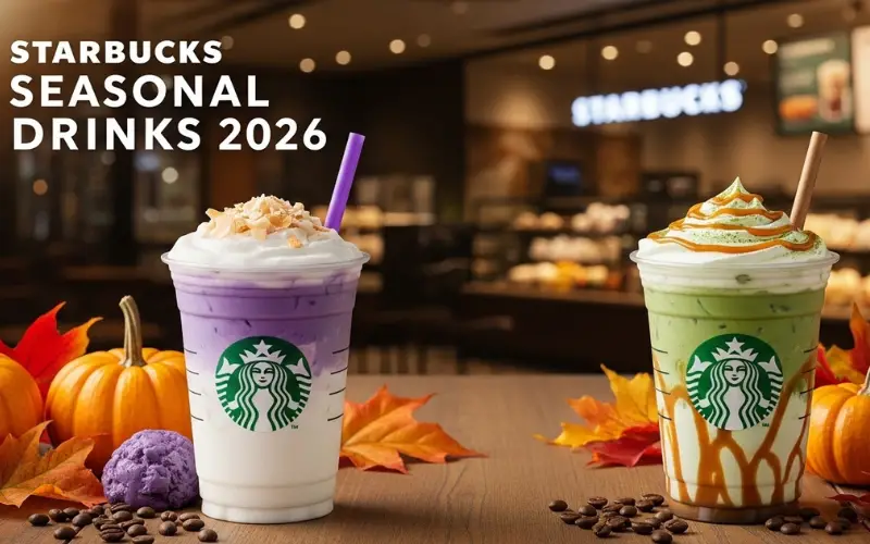 Starbucks seasonal drinks for 2026 including Iced Ube Coconut Macchiato, Caramel Protein Matcha.