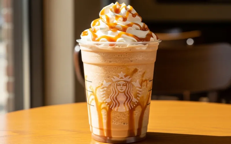 Starbucks Caramel Frappuccino iced, caramel syrup drizzle, whipped cream on top, cold and creamy drink.