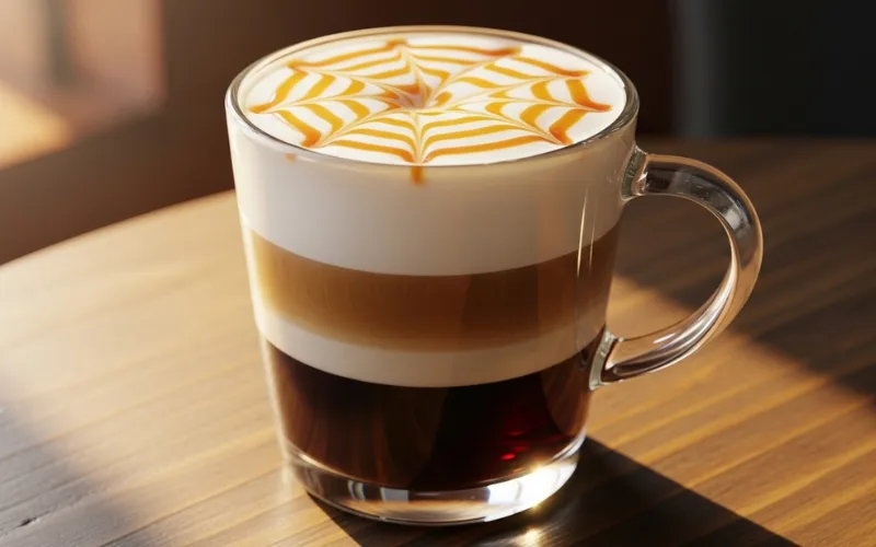 Starbucks Caramel Macchiato with layered espresso and milk, caramel drizzle on top, glass cup.