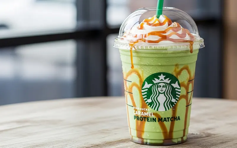 Starbucks Caramel Protein Matcha, creamy green matcha latte with caramel drizzle, healthy protein drink.