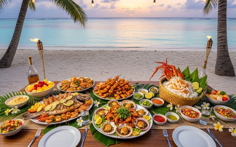 Colorful drinks and rice dishes on table, lively atmosphere