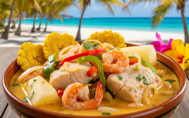 Caribbean Nicaraguan seafood stew rondon with coconut milk, fish, shrimp and plantains, tropical coastal setting