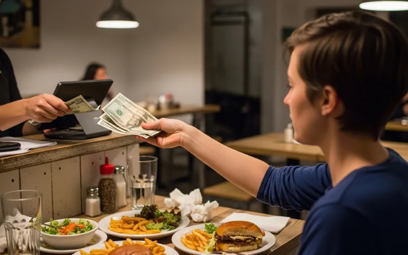 “Person paying cash at small restaurant, food on table, casual dining, documentary style”