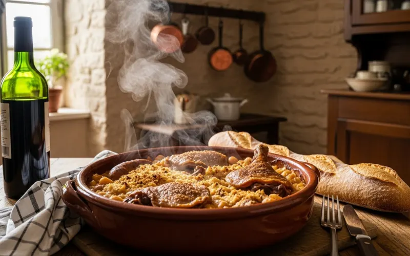 Hearty cassoulet with beans, sausage and duck, rustic French kitchen scene.
