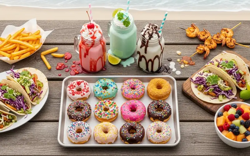 Donuts, milkshakes, tacos, casual beach food, colorful food photography