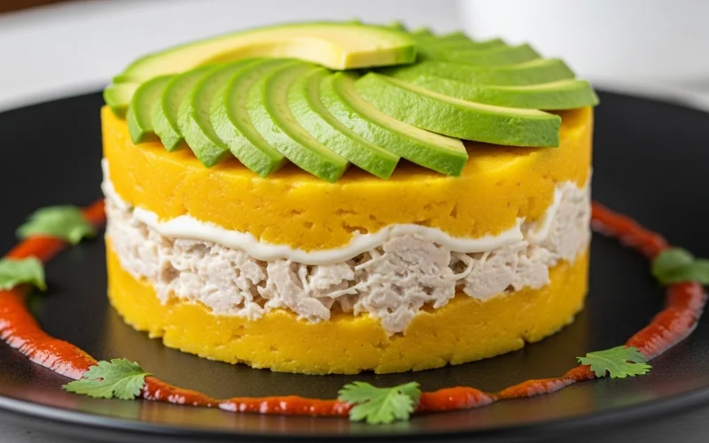 Layered yellow potato dish with avocado and chicken filling.