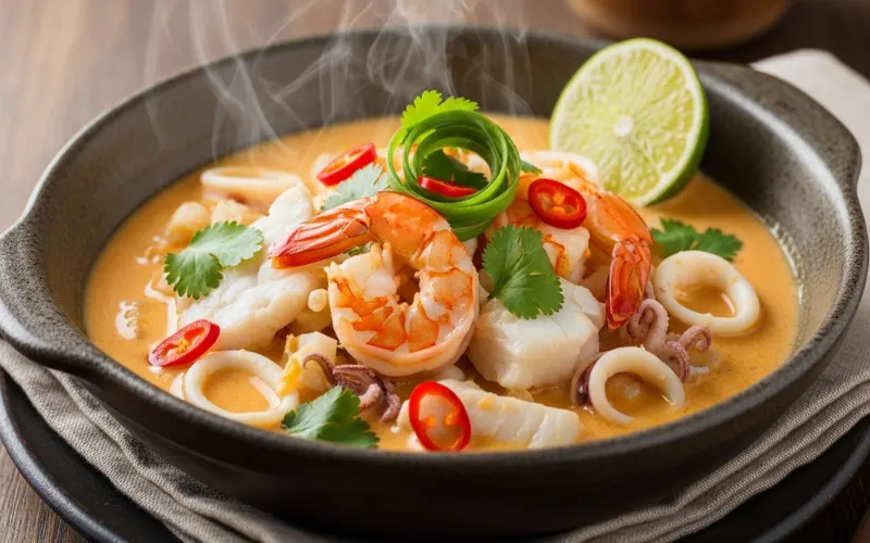 Creamy seafood stew in bowl with shrimp and coconut milk
