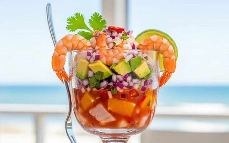 Shrimp cocktail-style ceviche in glass cup, fresh presentation