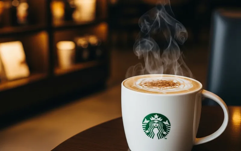 Starbucks Chai Tea Latte hot, creamy spiced cinnamon, ginger, cardamom, steam rising, cozy cafe setting.