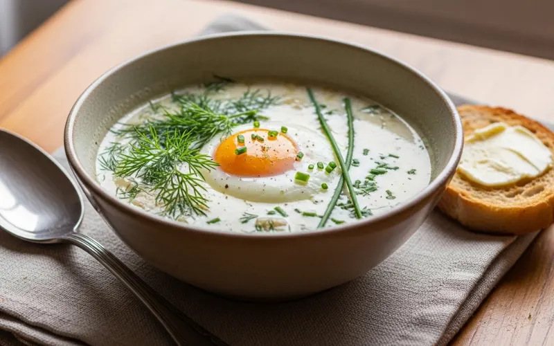 Milk-based soup with egg and herbs in bowl, simple breakfast setting
