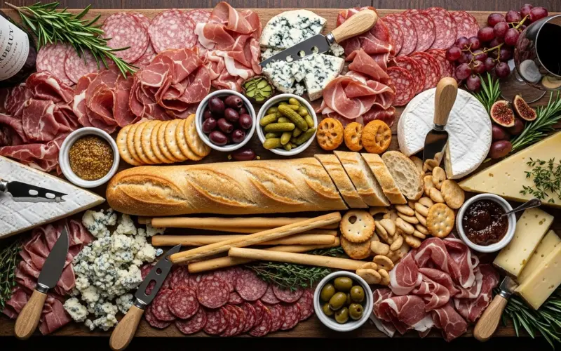 French charcuterie board with meats, cheese, bread and wine, top view.