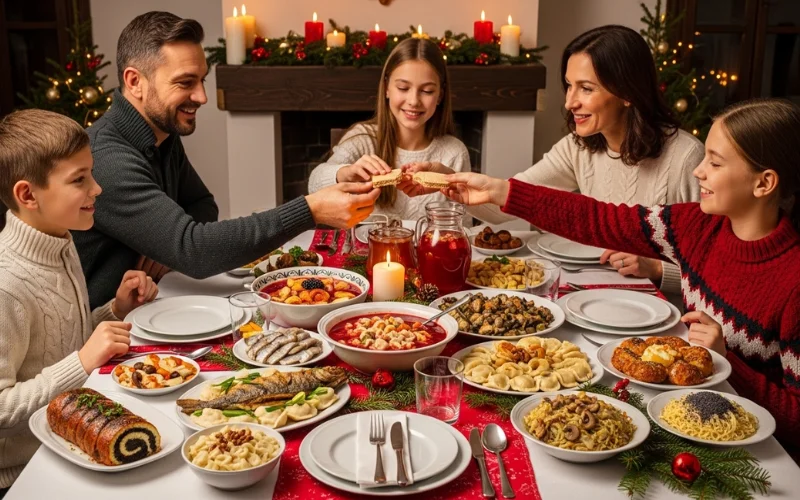 Explain the Polish Christmas Eve dinner tradition and the meaning of the 12 dishes.