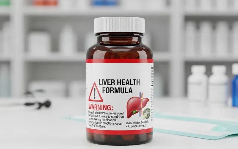 Vitamin bottle with warning sign, liver health concept medical illustration
