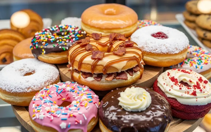 Assorted colorful donuts, maple filled donut, bakery display