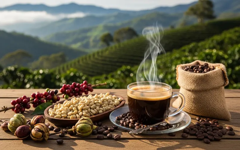 Fresh Nicaraguan coffee beans and cup of dark roasted coffee with steam rising, coffee farm background in Matagalpa mountains