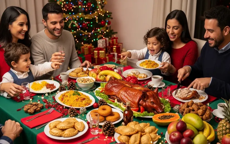 Family celebrating Christmas with traditional Colombian food, festive table