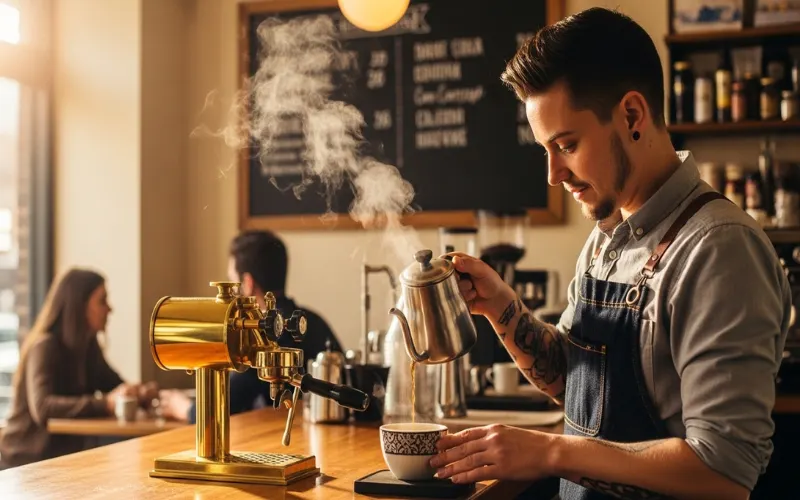 Barista pouring Colombian coffee in café, warm lighting