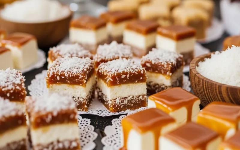 Colombian sweets with caramel, coconut and cheese, close-up dessert table