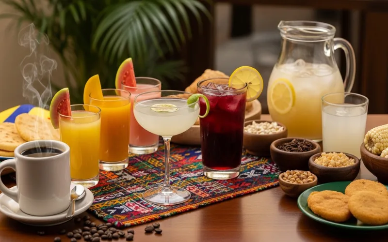 Colombian drinks variety including coffee, juices, and cocktails on table
