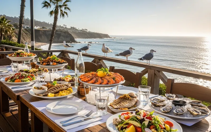 Fresh seafood dishes served near ocean, coastal restaurant vibe