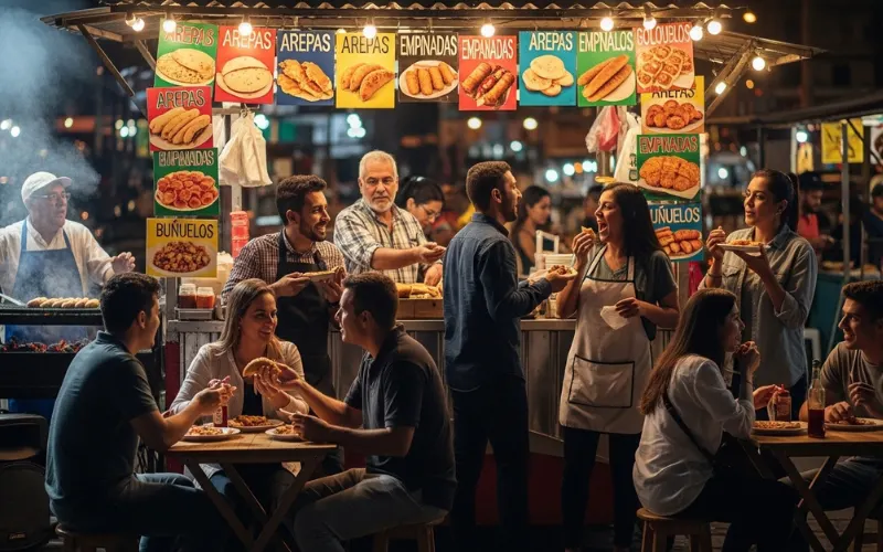 Busy Colombian street food stall with locals eating, night lights, vibrant atmosphere