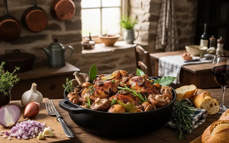 Chicken braised in wine with mushrooms and herbs, rustic French countryside kitchen vibe.