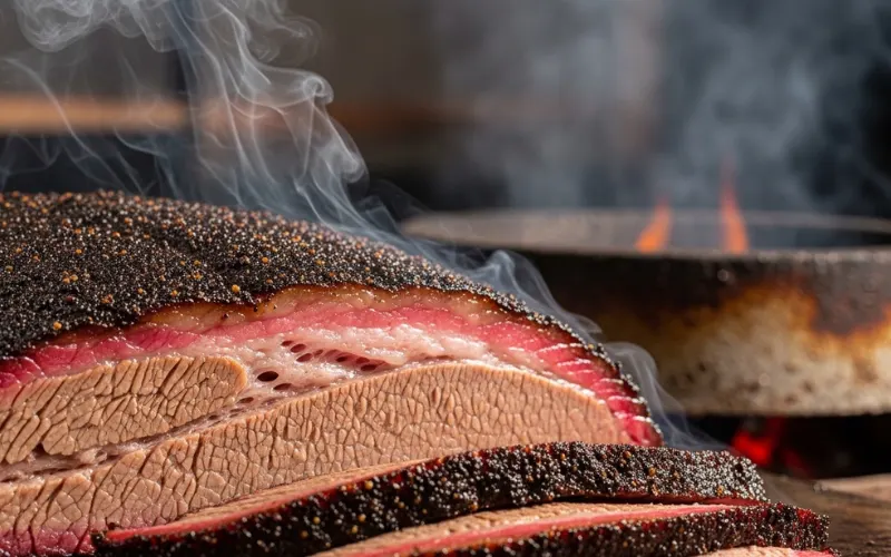 “Smoked brisket close up, smoke, Texas BBQ pit background”