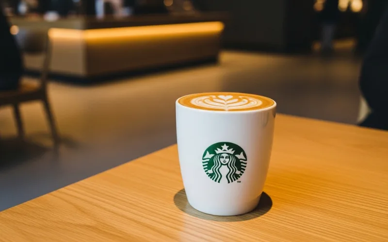 Starbucks Cortado small 8 oz cup, smooth espresso, creamy microfoam, minimalist cafe table setting.