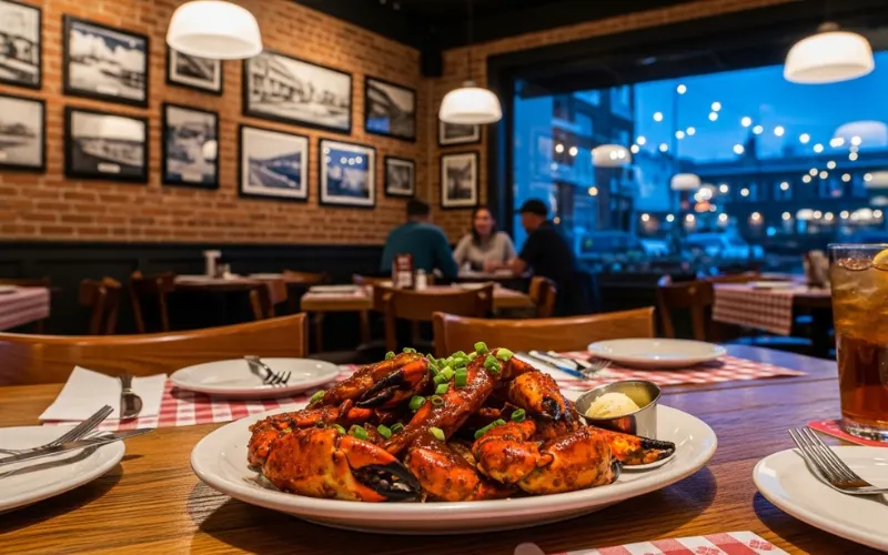 Local restaurant interior, BBQ crab claws, cozy dining, casual atmosphere