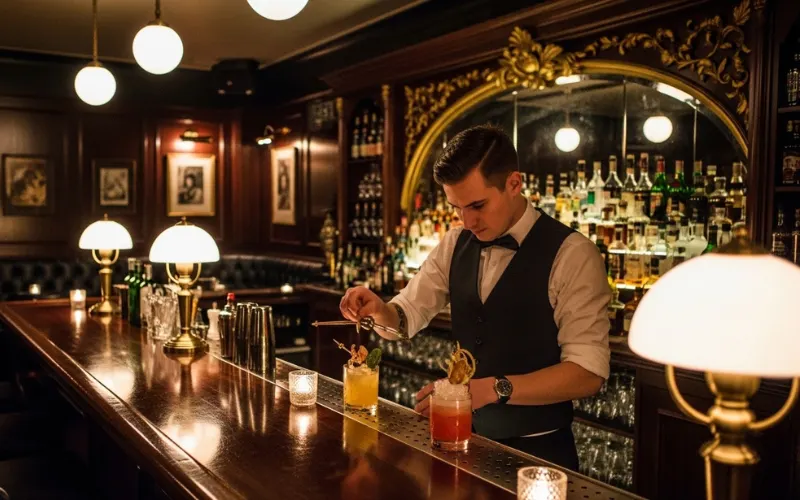 “Hidden speakeasy bar, bartender making cocktail, dark moody lighting, vintage bar interior, elegant drinks, cinematic style”