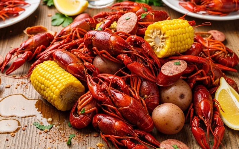 “Garlic butter crawfish, messy table, Cajun seafood boil, close up food photography”