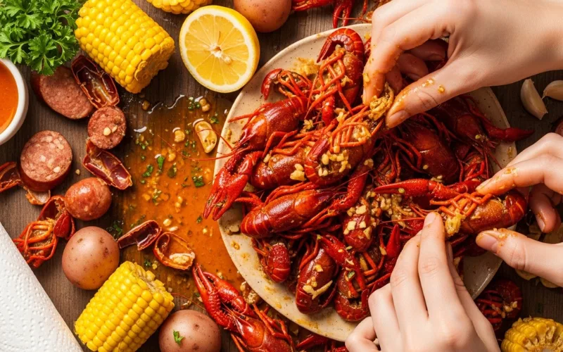 “Cajun garlic butter crawfish boil, hands eating crawfish, messy table, close up”