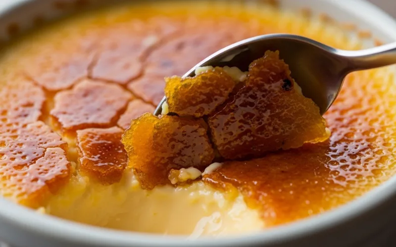 Creme brulee with cracked caramel top, spoon breaking crust, macro shot.
