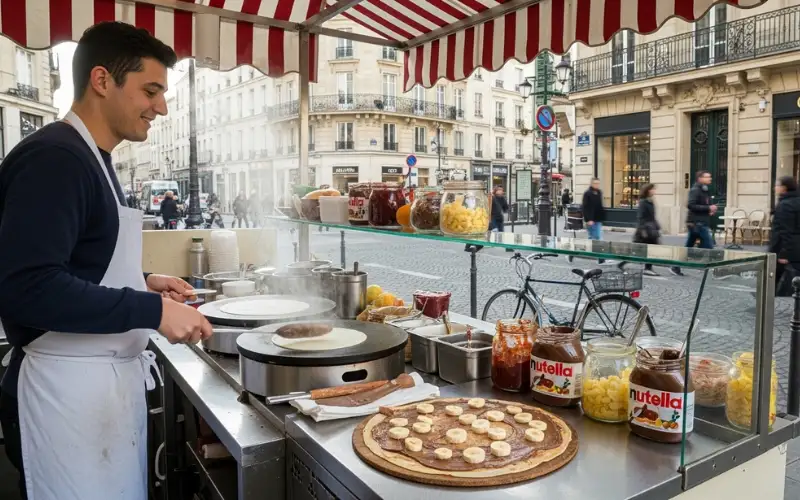 Paris street crepe stand, fresh crepe with Nutella banana, casual street food vibe, soft daylight.