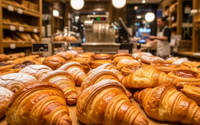 Buttery croissants and pastries on bakery counter, flaky texture close-up, Paris boulangerie style.