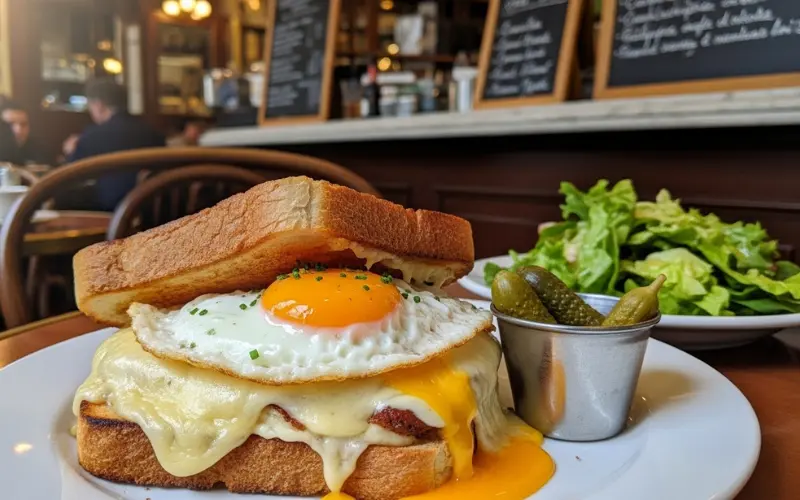 Croque madame sandwich with fried egg, melted cheese, Paris cafe setting.