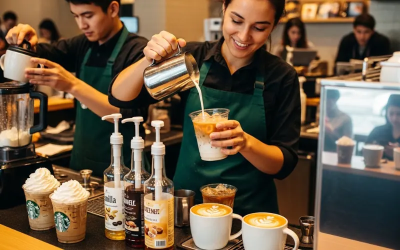 Starbucks barista making a customized drink, adding syrups, milk alternatives, iced and hot drinks.