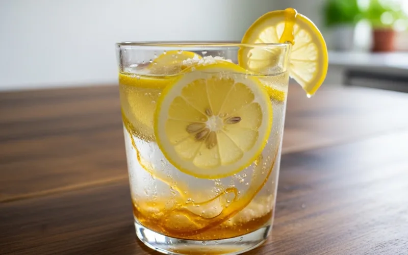 Homemade drink with water, lemon, honey, and salt on kitchen table