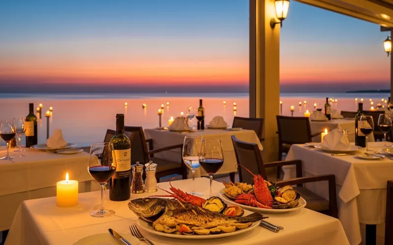 Romantic waterfront restaurant at sunset, candles, wine, seafood dinner, elegant dining