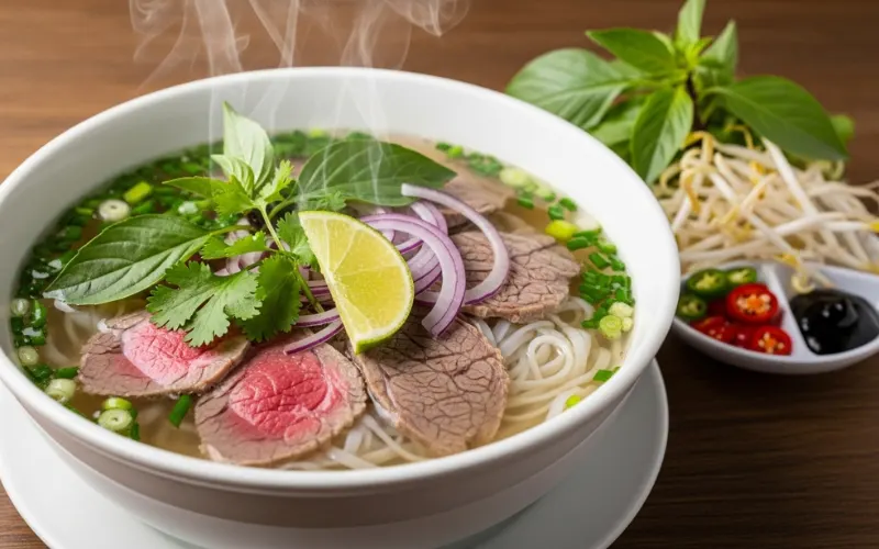“Clear beef pho, simple bowl, herbs, authentic Vietnamese food”