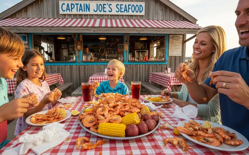 Casual seafood shack, boiled shrimp platter, outdoor seating, family friendly restaurant