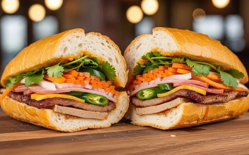 “Vietnamese banh mi sandwich, crispy bread, pickled carrots”