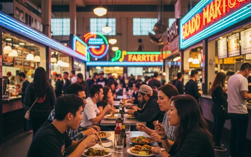 “Grand Central Market interior, neon signs, food stalls, people eating, cinematic street food photography”