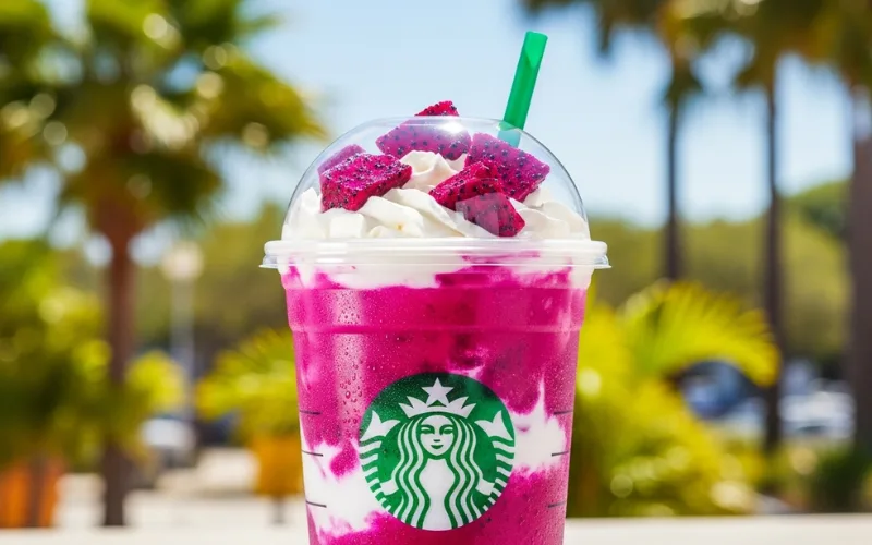 Starbucks Dragon Drink iced in clear cup, magenta mango dragonfruit base, coconut milk, tropical vibes.