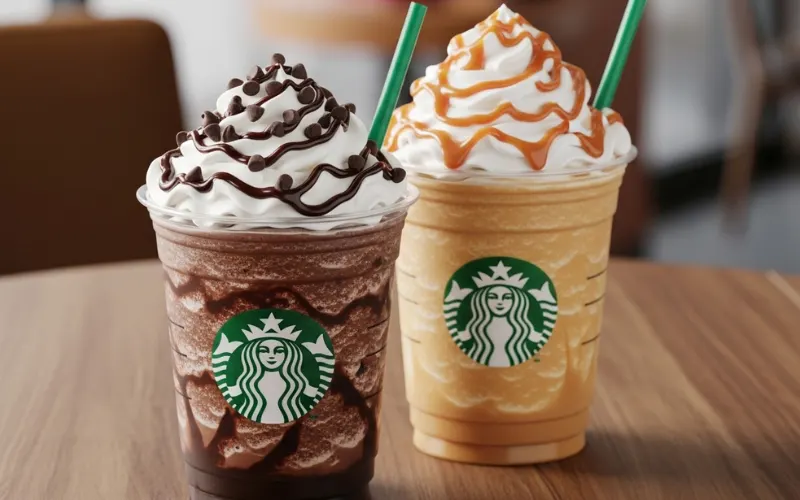 Starbucks Frappuccinos including Java Chip and Caramel, whipped cream topping, cold blended coffee drinks.