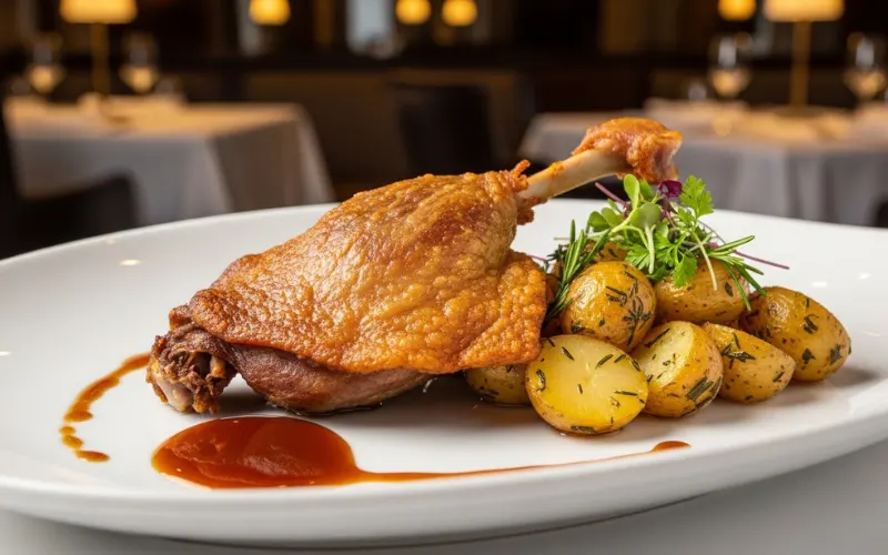 Crispy duck confit with golden potatoes, plated elegantly, gourmet restaurant style.