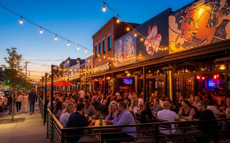 “Trendy East Nashville street with restaurants, outdoor dining, string lights, people eating, hip neighborhood vibe”