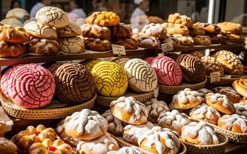 “Mexican bakery conchas and pastries, colorful sweet bread display”