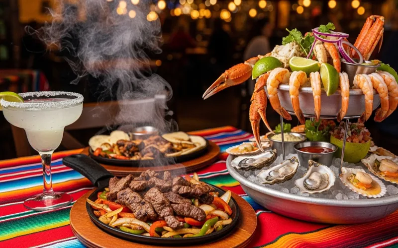 “Charred beef fajitas, margarita glass, Mexican seafood tower, colorful table, lively restaurant”